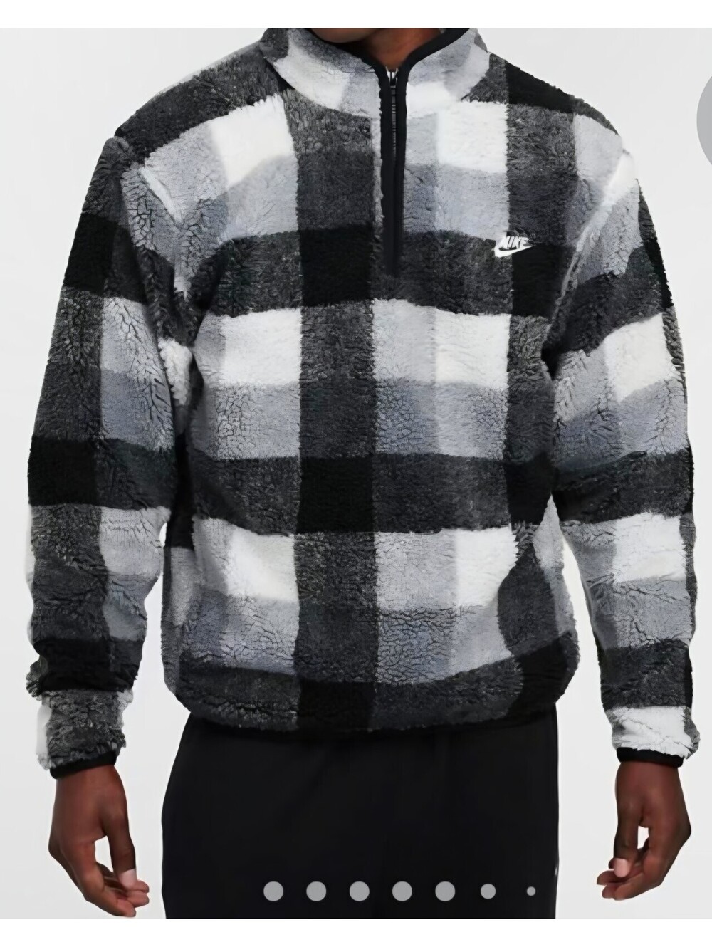 Nike 1/4 Zip Plaid Sherpa Pullover Men's Sz XL Black/White Buffalo Plaid Warm